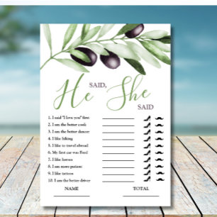 He said She Said Olive Branches Bridal Shower Card