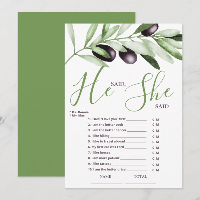 He said She Said Olive Branches Bridal Shower Invitation (Front/Back)