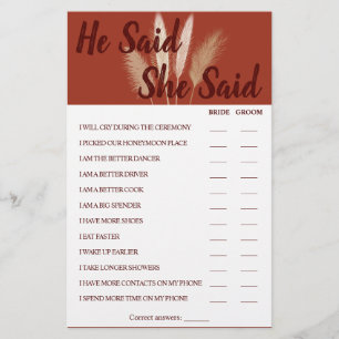He Said She Said Pampas Couples Shower Game Card
