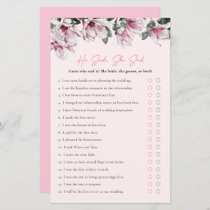 He Said, She Said   Pink Floral Bridal Shower Game