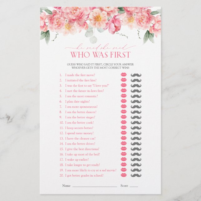He Said She Said Pink Floral Bridal Shower Game (Front)