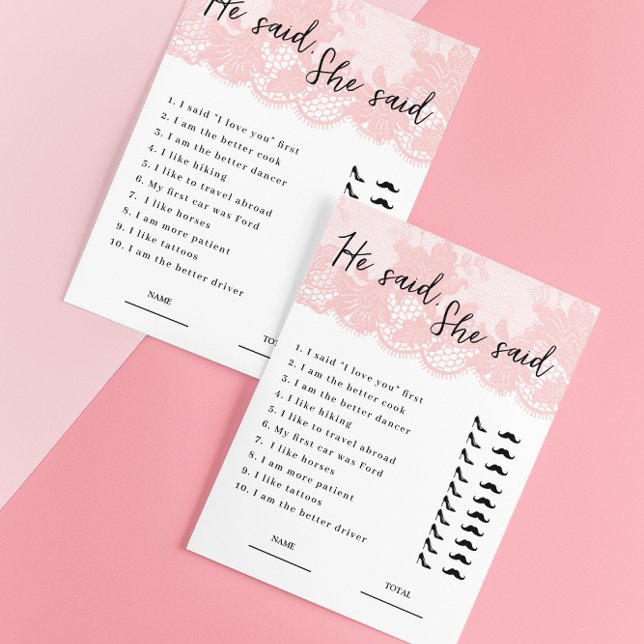 He said, She said Pink Lace Bridal Shower Game (Creator Uploaded)
