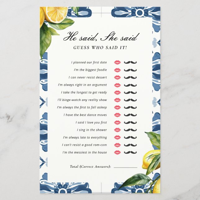 He Said She Said Positano Bridal Shower Game (Front)