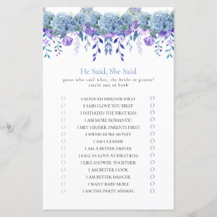 He Said, She Said Purple Floral Bridal Shower Game