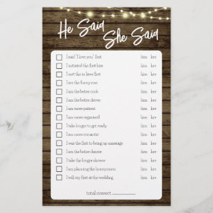 He Said She Said Rustic Shower Game Flyer