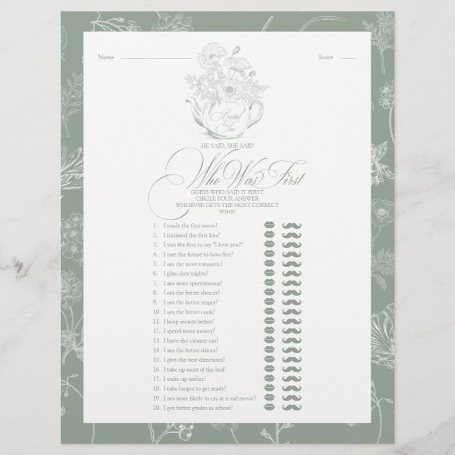 He Said She Said Sage Green Bridal Tea Shower Game (Front)