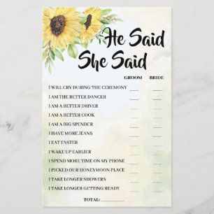 He Said She Said Sunflower Bridal Shower Game Card