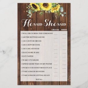 He Said She Said Sunflower Bridal Shower Game Card