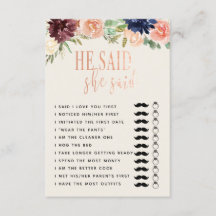 He said She Said wedding/engagement Game Copy