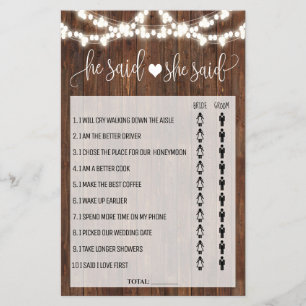 He said She said Western Bridal Shower game card