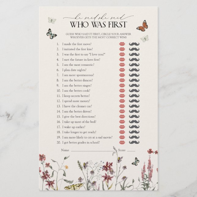 He Said She Said Wildflower Butterfly Shower Game (Front)