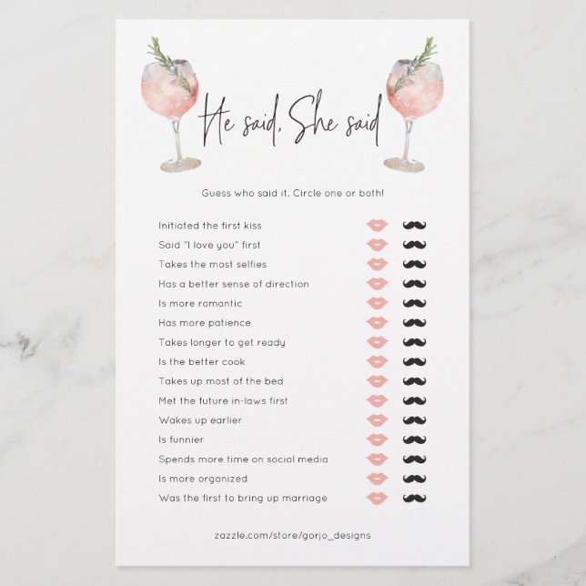 He Said She Said Wine Bridal Shower Game (Front)