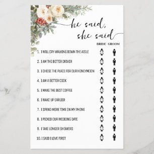 He Said She Said Winter Bridal Shower Game Card