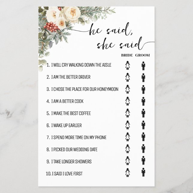 He Said She Said Winter Bridal Shower Game Card (Front)