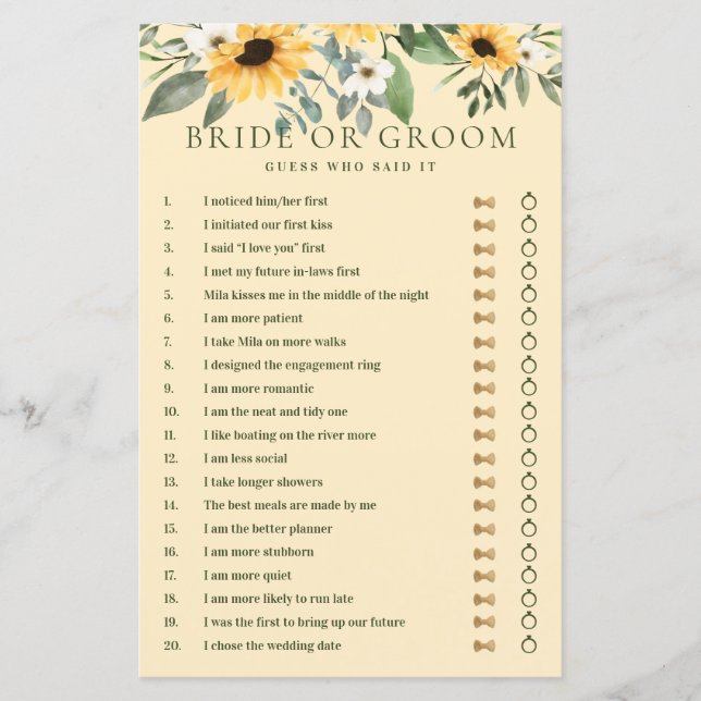 He Said She Said Yellow Floral Sunflower Game (Front)