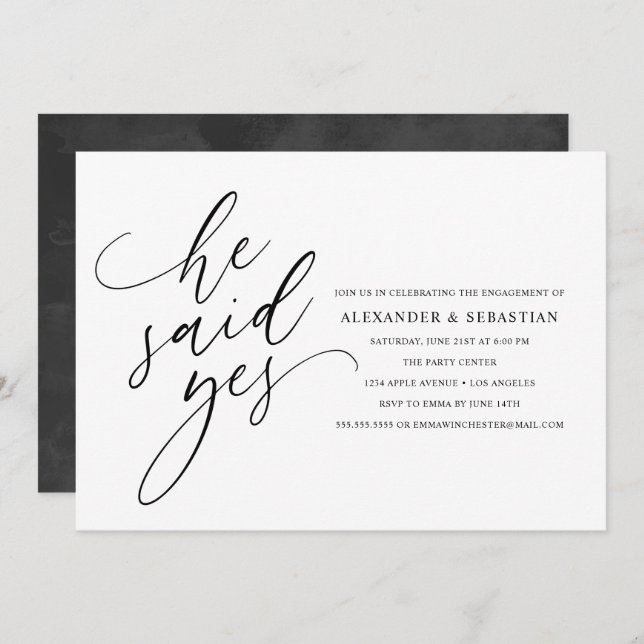 He Said Yes Modern Black Script Engagement Party Invitation (Front/Back)