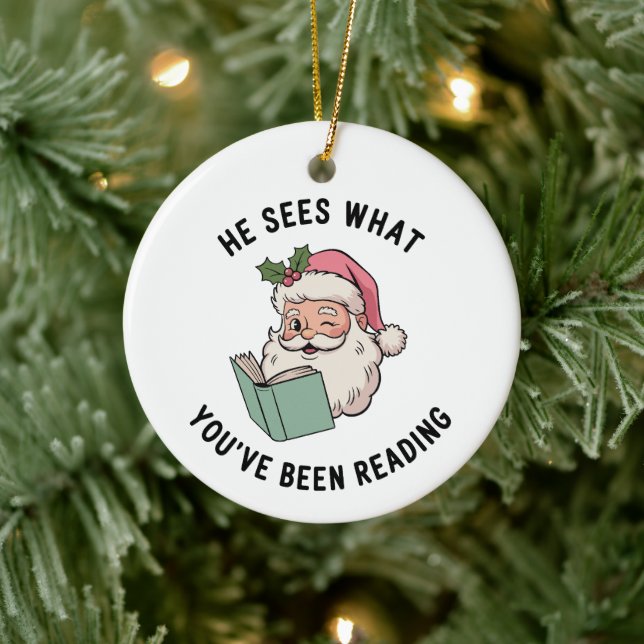 He Sees What You've Been Reading Bookish Christmas Ceramic Ornament (Tree)