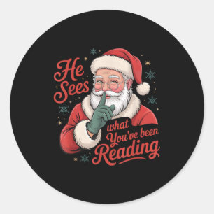 He Sees What You've Been Reading, Retro Santa Chri Classic Round Sticker