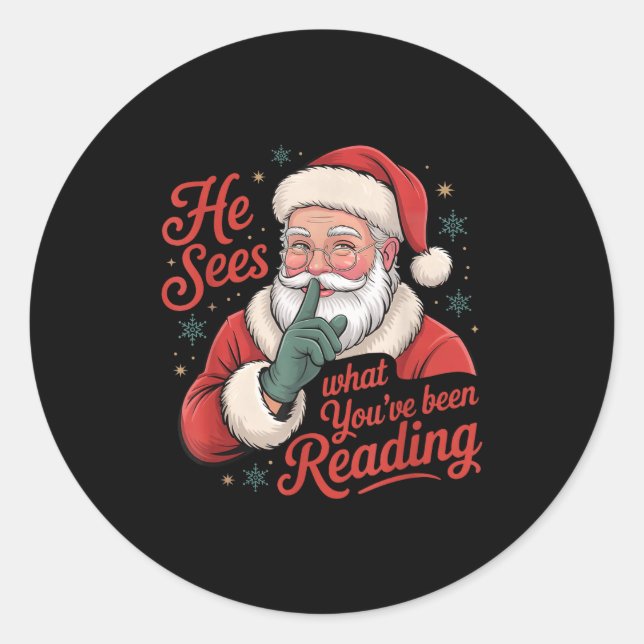He Sees What You've Been Reading, Retro Santa Chri Classic Round Sticker (Front)