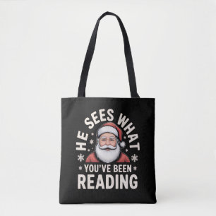 He Sees What You've Been Reading Santa Bookish Tote Bag