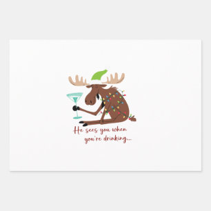He Sees You When Drinking Funny Christmas Reindeer Wrapping Paper Sheet