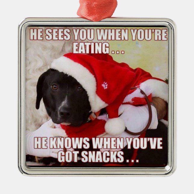 HE SEES YOU WHEN YOU'RE EATING. BLACK LAB XMAS METAL ORNAMENT (Front)