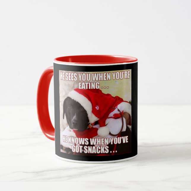 HE SEES YOU WHEN YOU'RE EATING. CUSTOMIZABLE!! MUG (Front Left)