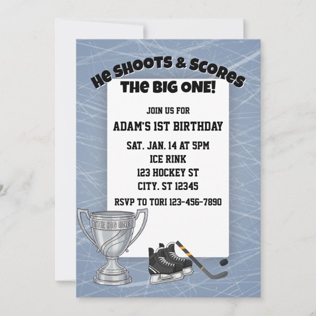 He Shoots, Scores The Big One, Hockey 1st Birthday Invitation (Front)