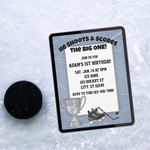 He Shoots, Scores The Big One, Hockey 1st Birthday Invitation