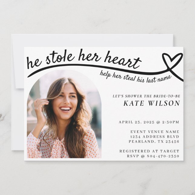 He Stole Her Heart Line Photo Funny Bridal Shower Invitation (Front)