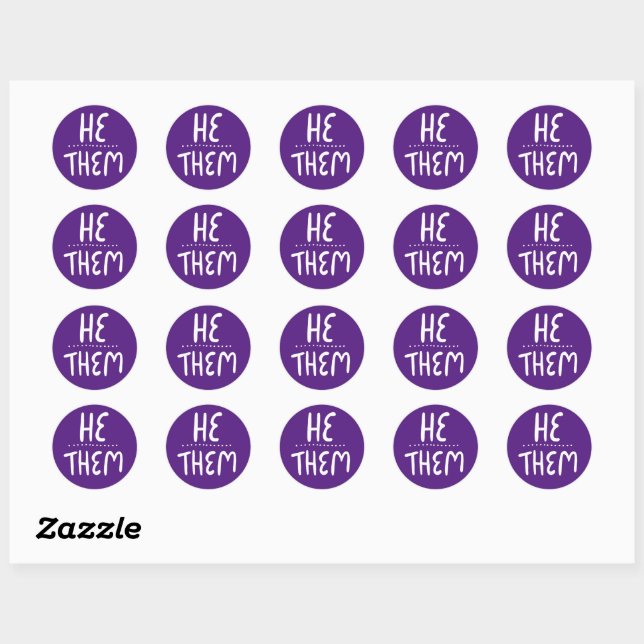 HE / THEM Pronouns Purple Handlettering Set of Classic Round Sticker (Sheet)