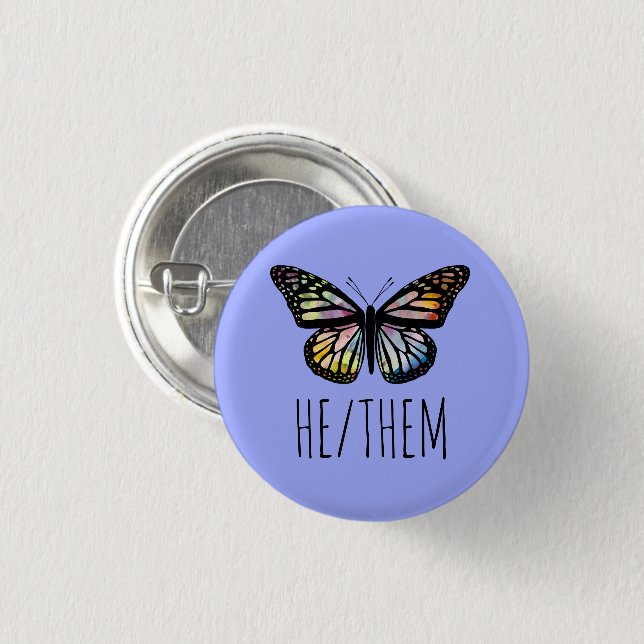 HE/THEM Pronouns Watercolor Butterfly  3 Cm Round Badge (Front & Back)