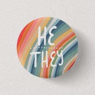 HE/THEY Pronouns Colourful Handlettered Rainbow  3 Cm Round Badge