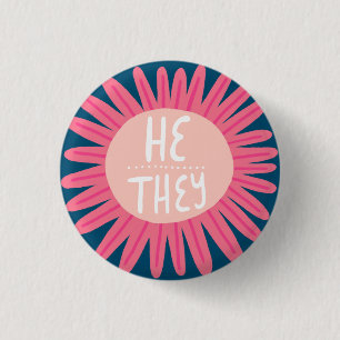 HE / THEY Pronouns Flower Pride Handlettered 3 Cm Round Badge
