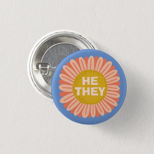 HE / THEY Pronouns Sunflower Daisy Pride 3 Cm Round Badge (Front & Back)