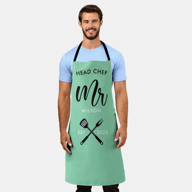 Head Chef Mr.Year Established Salmon Pink Apron (Worn)