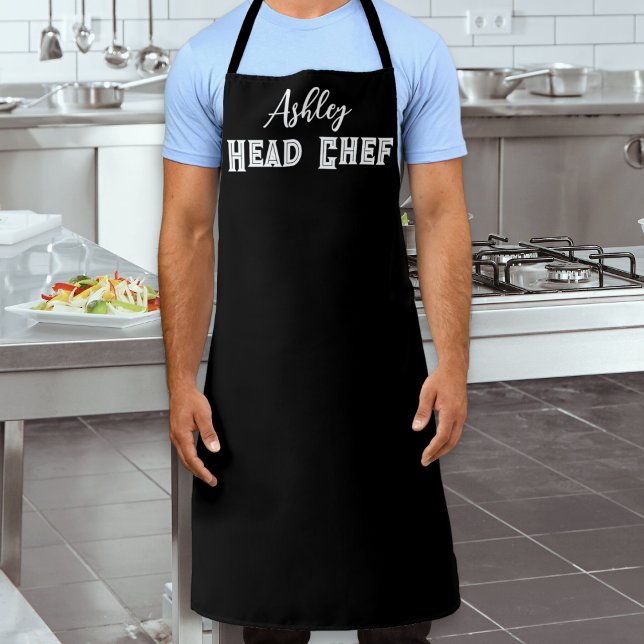 Head Chef Stylish Black White Personalised Kitchen Apron (A black apron with 'Head Chef' caption in white capitals and personalized name in elegant script)