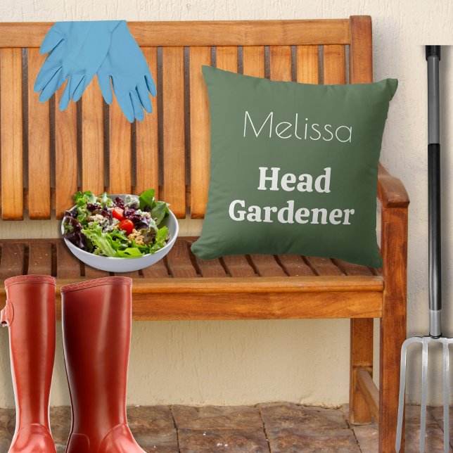 Head Gardener Gardening Garden Decor Personalised Cushion (A customizable throw pillow cushion in green and white, with Head Gardener caption)