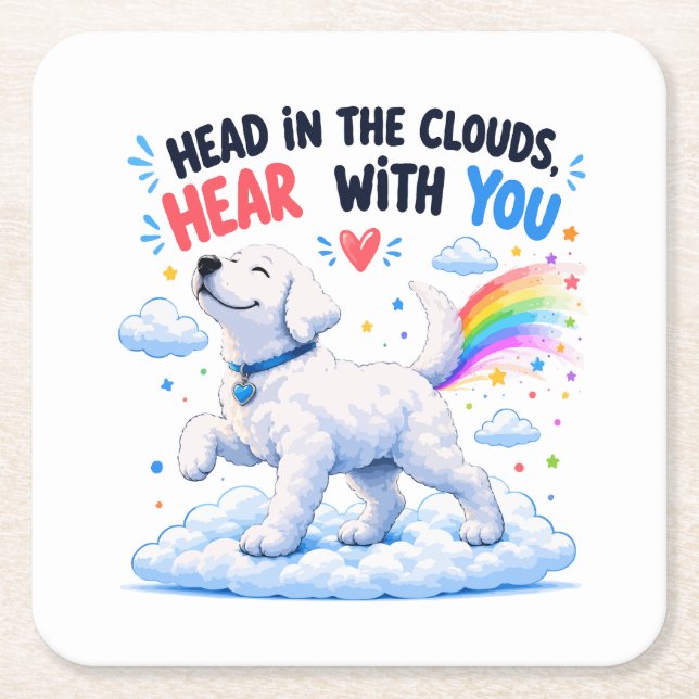 Head in the Clouds Cute Dog Design Square Paper Coaster (Front)