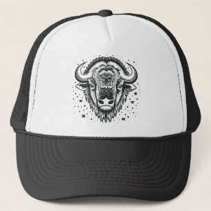 Head of a big horned bison trucker hat