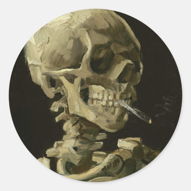 Head of a skeleton with a burning cigarette classic round sticker (Front)