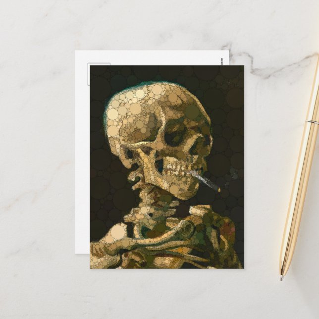 Head of a Skeleton with a Burning Cigarette, Dots Holiday Postcard (Front/Back In Situ)