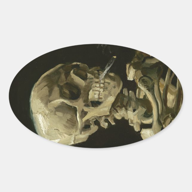 Head of a skeleton with a burning cigarette oval sticker (Front)