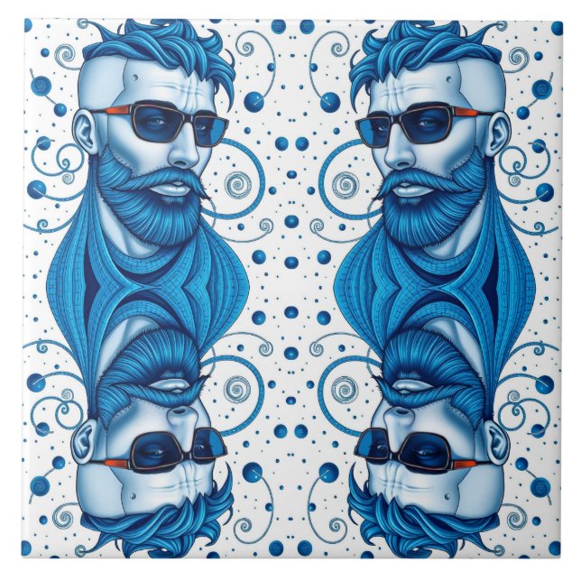 Head Of Bearded Blue Alien With Glasses Sci-Fi Art Ceramic Tile (Front)