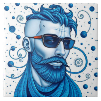 Head Of Bearded Blue Alien With Glasses Sci-Fi Art Ceramic Tile