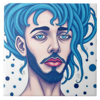 Head Of Bearded Blue Haired Alien Sci-Fi Art Ceramic Tile