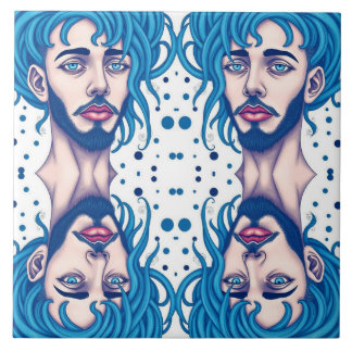 Head Of Bearded Blue Haired Alien Sci-Fi Art Ceramic Tile