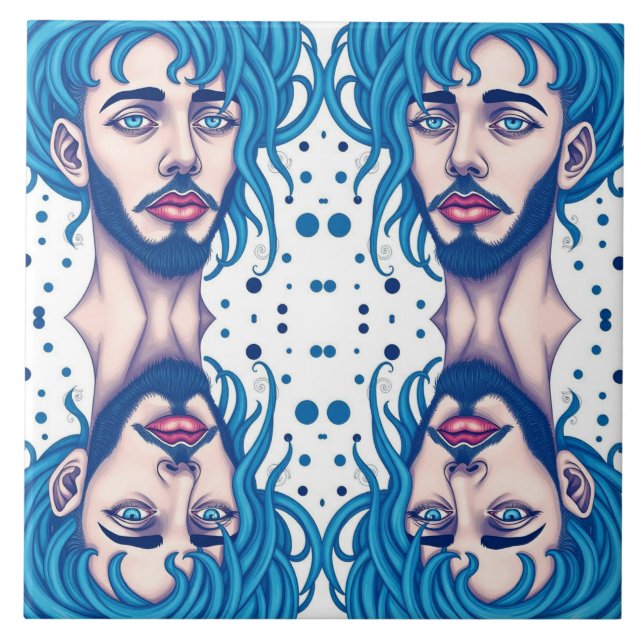Head Of Bearded Blue Haired Alien Sci-Fi Art Ceramic Tile (Front)
