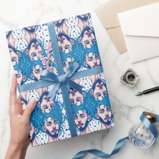 Head Of Bearded Blue Haired Alien Sci-Fi Art Wrapping Paper