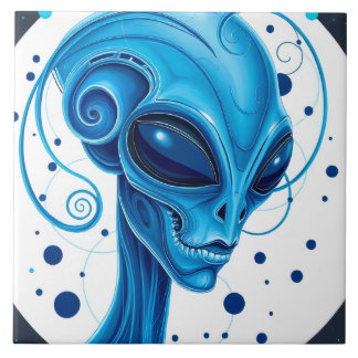 Head Of Blue Alien Closeup Sci-Fi Art Ceramic Tile
